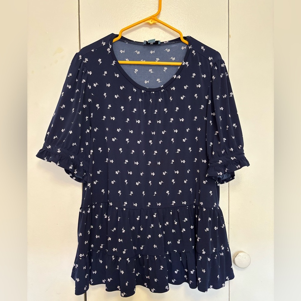 CeCe Navy Blue Floral Peplum Blouse